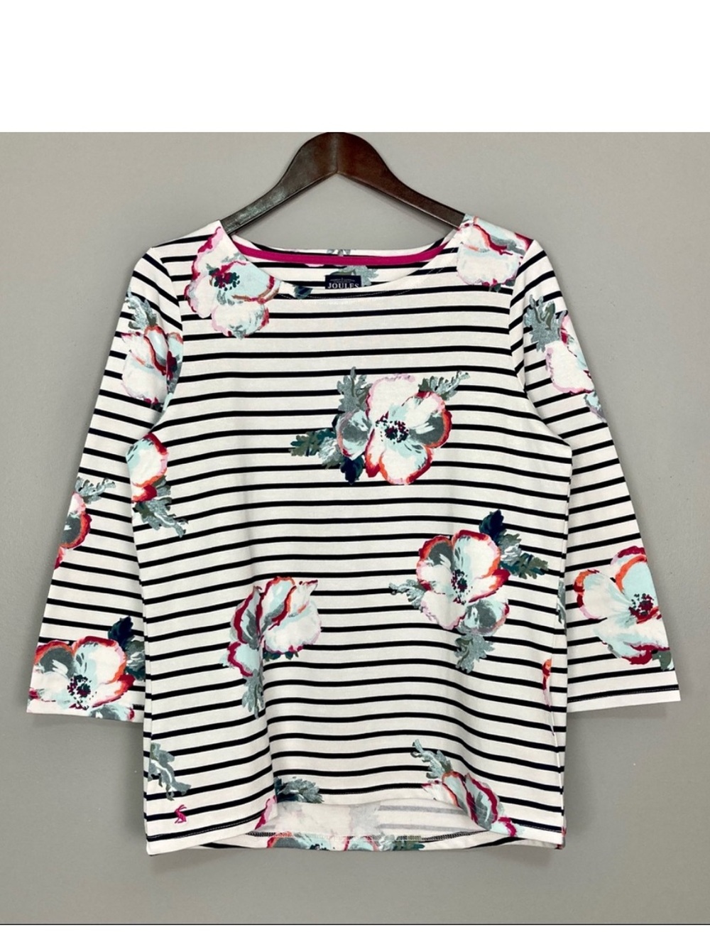 Joules Harbour Print Top Women’s Size 10 Stripe Poppy Floral Stretch Terry Knit